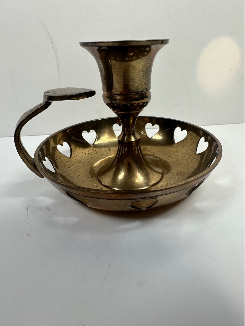 VTG Brass Chamberstick Candle Holder Heart Shaped Cutout Finger Loop Cottagecore